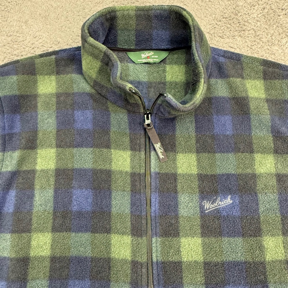 Woolrich Fleece Vest Mens XL Green Blue Plaid Full Zip Gorpcore Soft Layer 1749